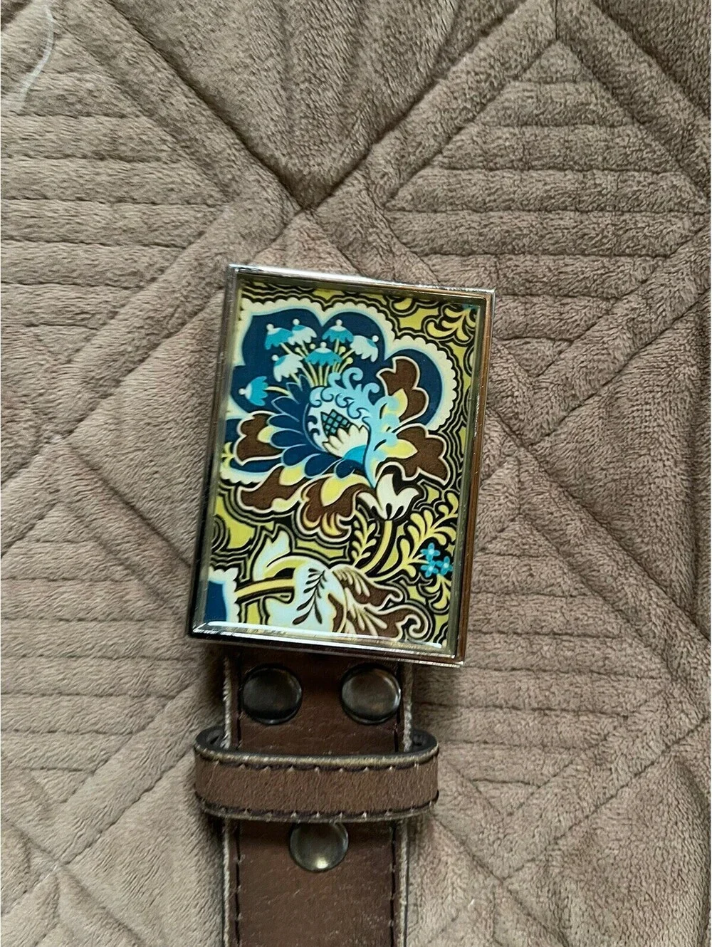 Vera Pelle - Leather Belt with Art Deco Blue and Brown Flower Buckle Size 30-32